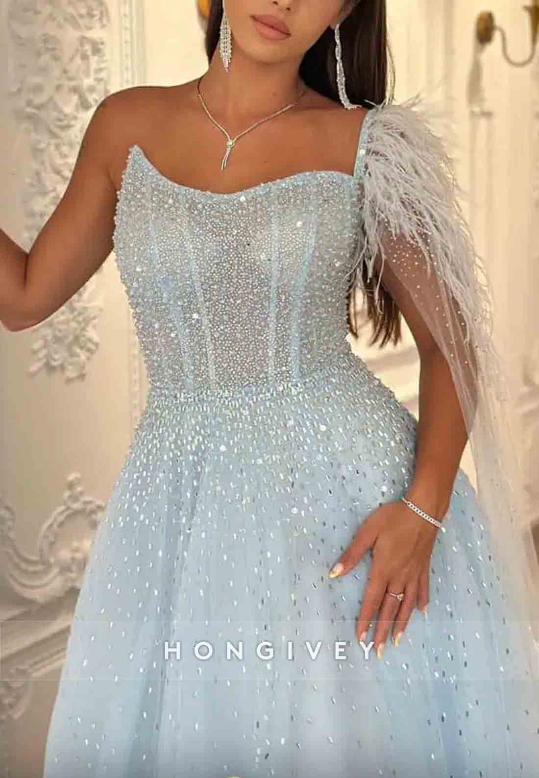 Feather One Shoulder Floor-Length Floor-Length Beading A-Line Tulle Evening Gowns