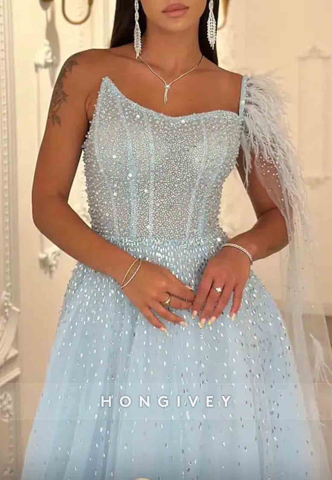 Feather One Shoulder Floor-Length Floor-Length Beading A-Line Tulle Evening Gowns