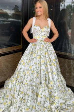 A-Line Floral Printed Long Prom Dresses Satin with Bow Straps