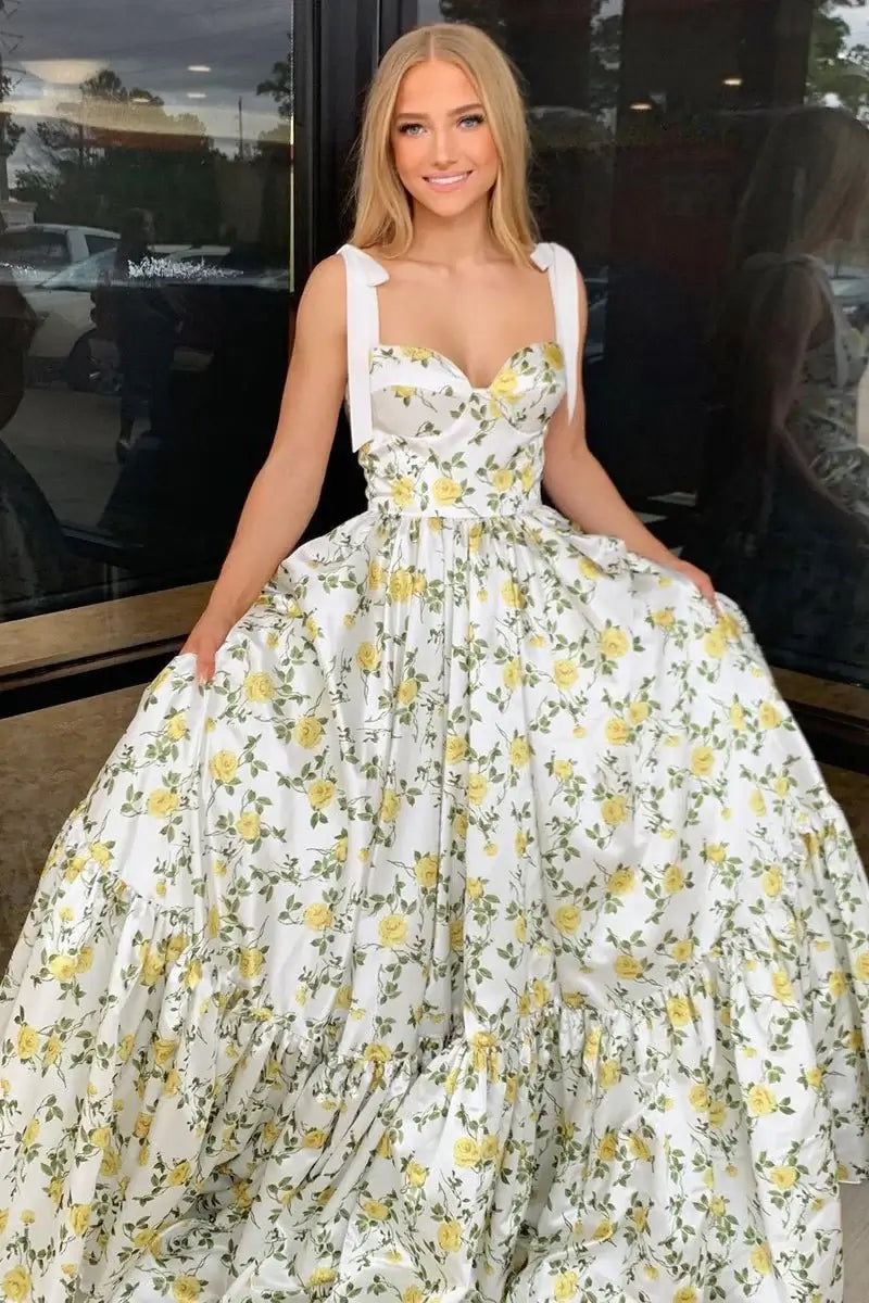 A-Line Floral Printed Long Prom Dresses Satin with Bow Straps