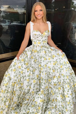 A-Line Floral Printed Long Prom Dresses Satin with Bow Straps