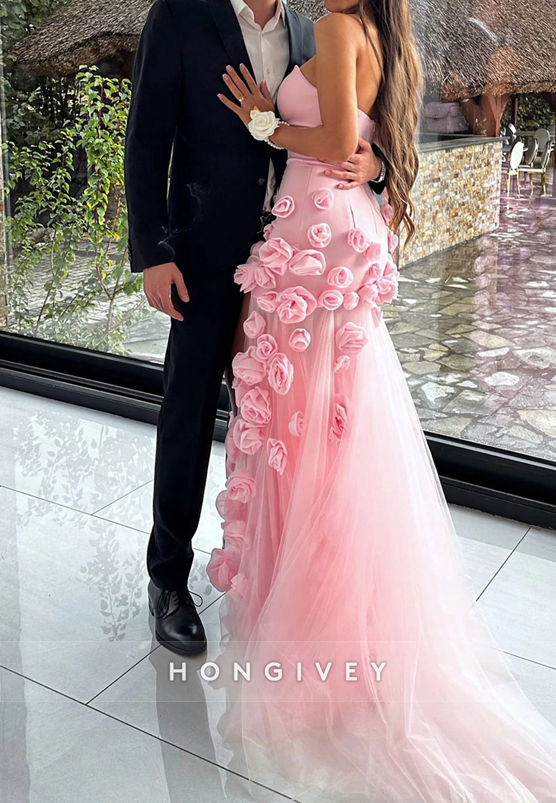 Floral Rose Evening Dress Tullle with Train Strapless Formal Party Prom Gown