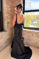 Mermaid Square Neck Black Satin Prom Dress with Beading