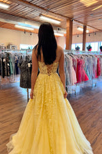 Cute A Line Sweetheart Daffodial Yellow Tulle Long Prom Dress with Appliques