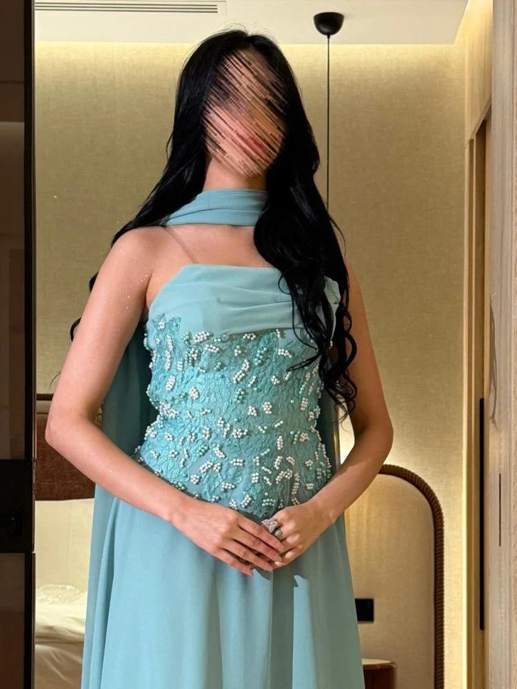 Strapless Beaded Sleeveless A-Line Side Shawl Evening Dress Foraml Women