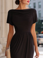 Draped Neckline Short-Sleeve Midi Dress