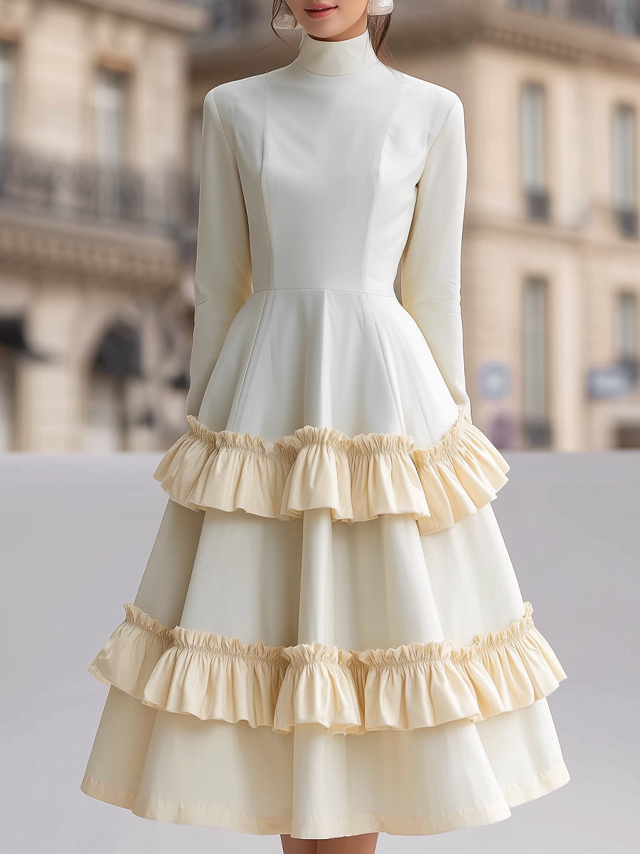 Tiered Ruffle Midi Evening Dress With High-Neck Silhouette