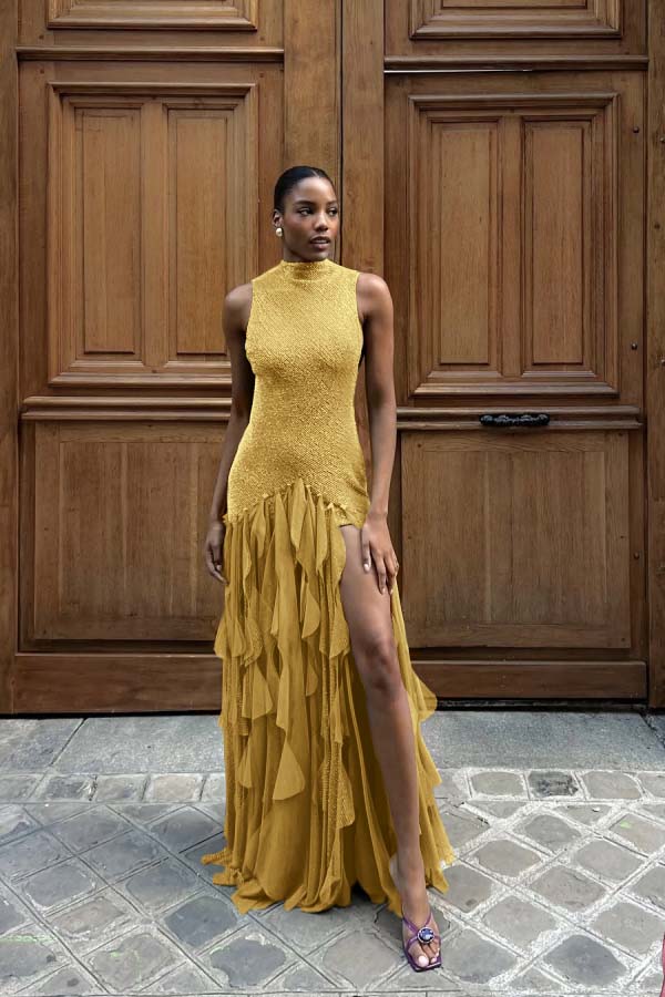 High Neck Sleeveless Long Mermaid Prom Dress With Split Ruffles