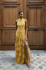 High Neck Sleeveless Long Mermaid Prom Dress With Split Ruffles