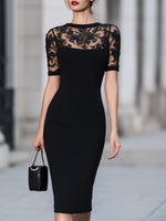 Black Lace Overlay Midi Sheath Dress