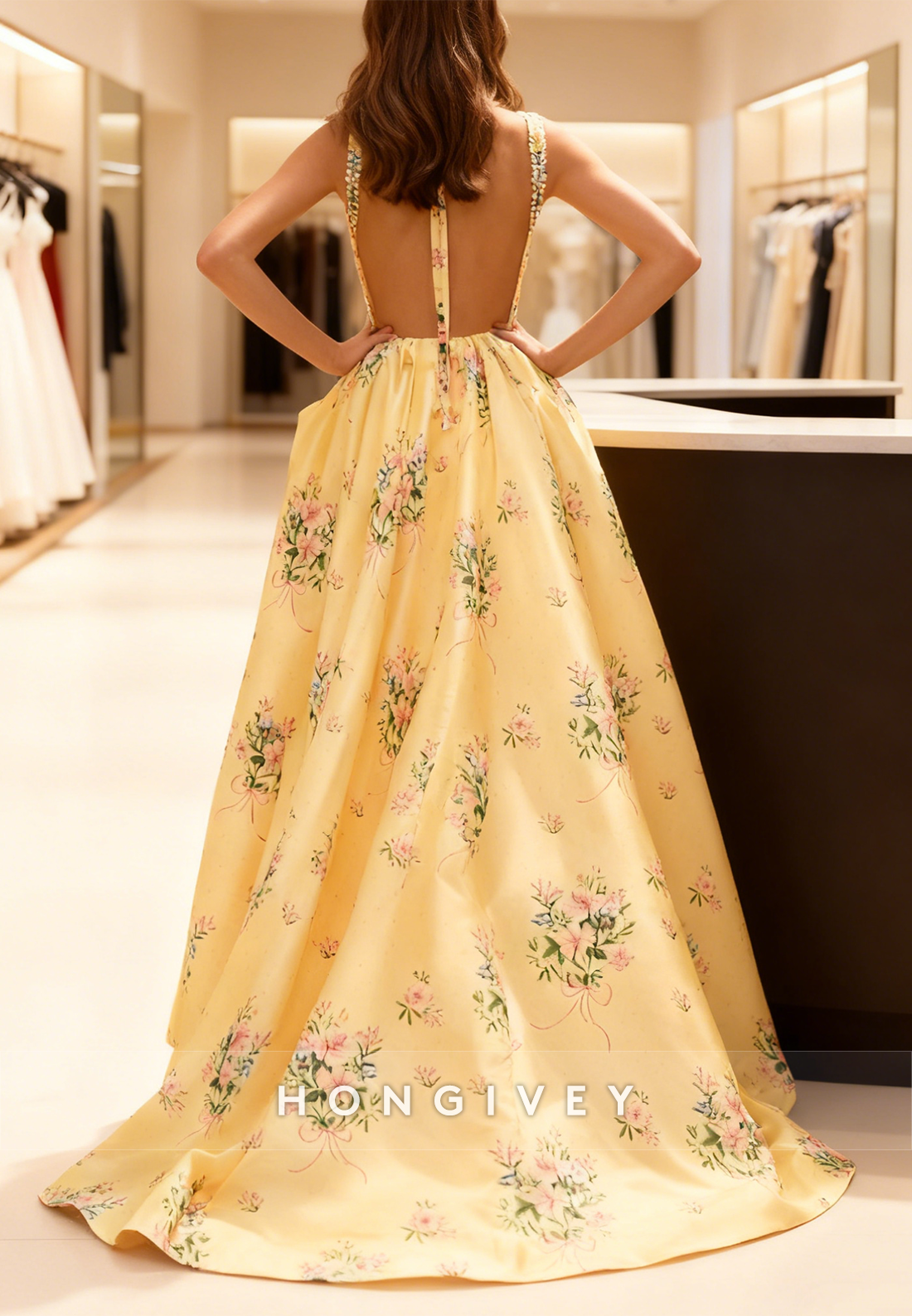 Yellow Floral Print Square A-Line Prom Dress