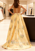 Yellow Floral Print Square A-Line Prom Dress