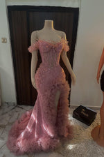 Dusty Pink Off-the-Shoulder Mermaid Prom Dress Split With Beadings Crystals Ruffles