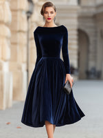 Velvet Long Sleeves Midi Dress With Sculpted Off-Shoulder Collar