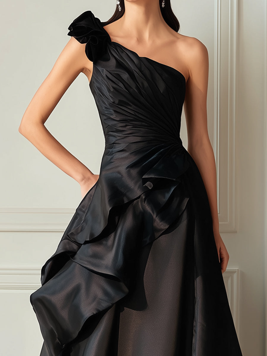 Black One-Shoulder Sculpted Ruffle Evening Dress