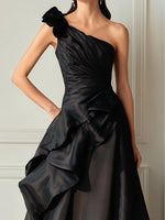 Black One-Shoulder Sculpted Ruffle Evening Dress