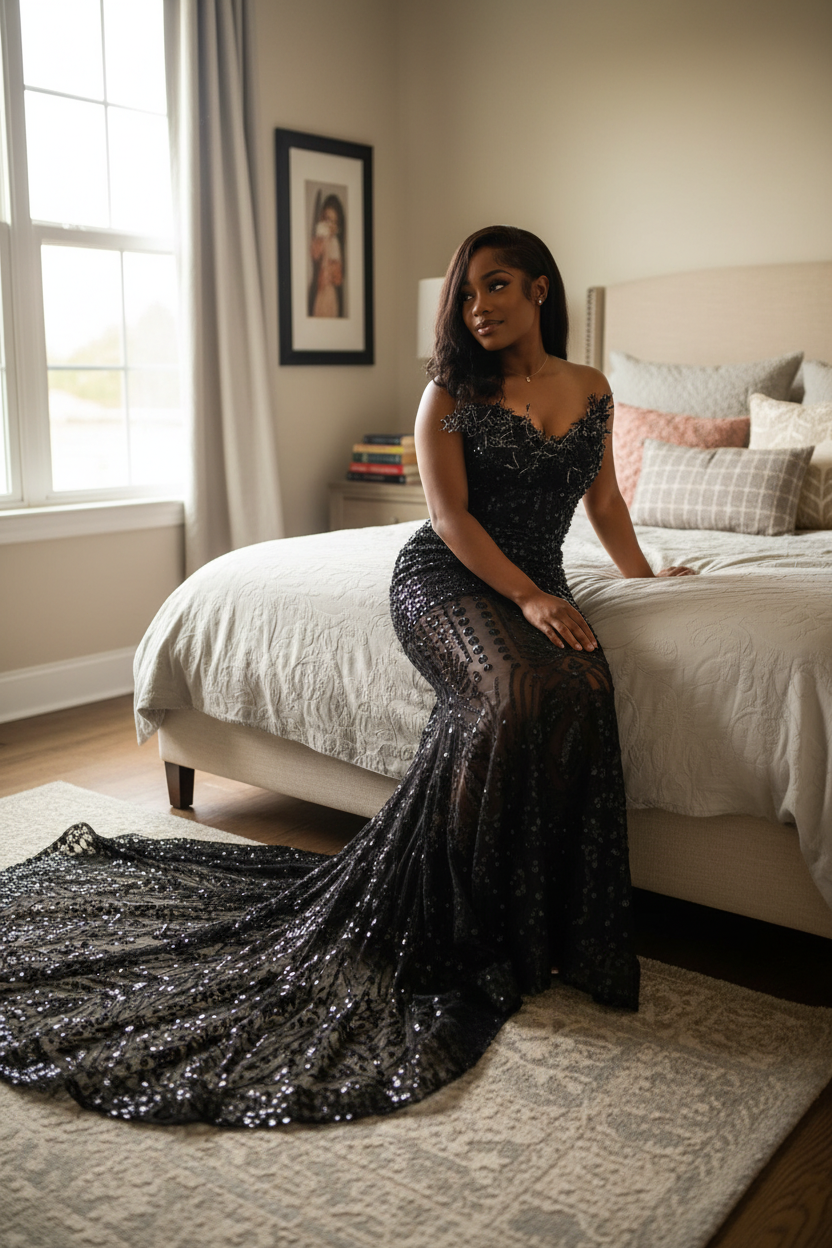 Shinning Mermaid Sweetheart Black Sequined For Women Party Dresses Long Formal Prom Dresses Birthday Gown