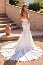 V-Neck Sleeveless Open Back Mermaid Tulle Lace Wedding Dress With Spaghetti-Straps