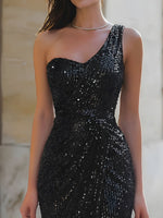 One-Shoulder Sequin Evening Gown With Front Slit