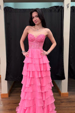 A Line Sweetheart Pink Chiffon Tiered Prom Dress