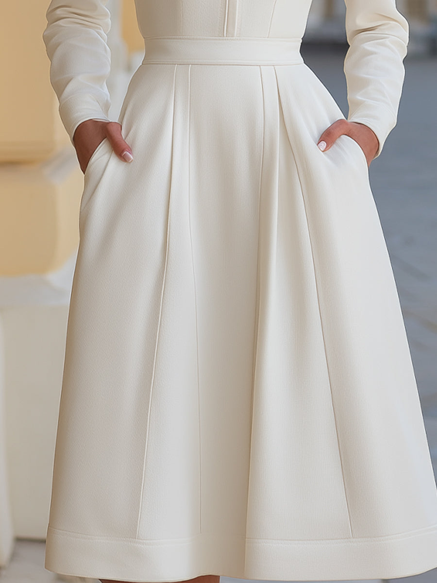 White Structured Zip-Front Pleated Midi Evening Dress