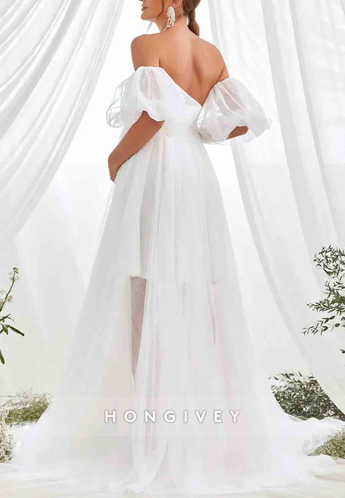 Maternity Sweetheart Off the Shoulder Puff Sleeve Mesh Overlay Wedding Dress