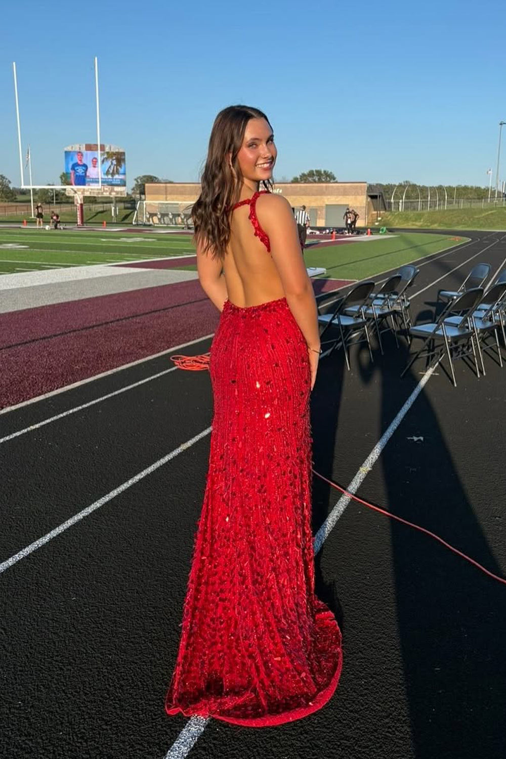 Gorgeous Mermaid V Neck Red Sequins Beading Long Prom Dress with Slit