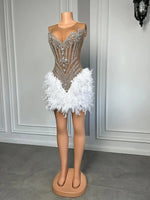 H2092 - Sexy Fitted Glitter Illusion Scoop Cap Sleeves Feathers Homecoming Dresses For Black Women