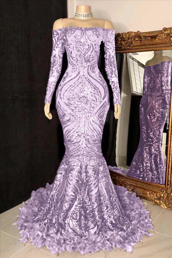 Hidais Long Sleeves Strapless Mermaid Prom Dress Sequins Burgundy With Feather