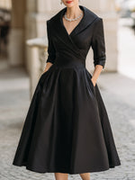 V-Neck Vintage-Inspired Satin A-Line Midi Dress With Draped Collar