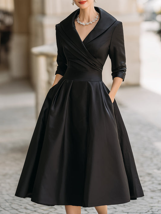 V-Neck Vintage-Inspired Satin A-Line Midi Dress With Draped Collar
