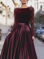 Velvet Sequin Sleeve Gown With Satin Skirt