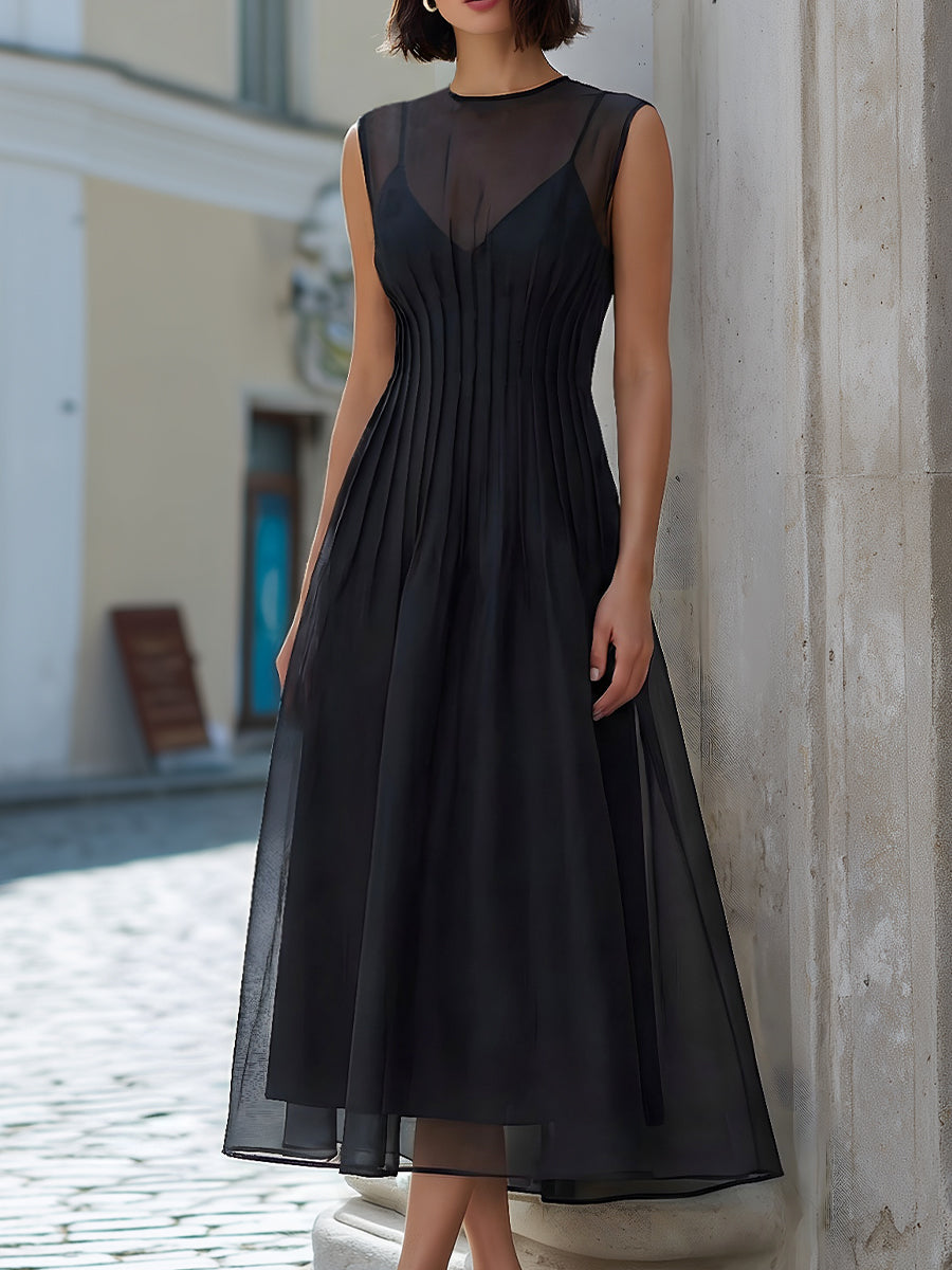 Sheer Illusion Pleated Waist Midi Dress