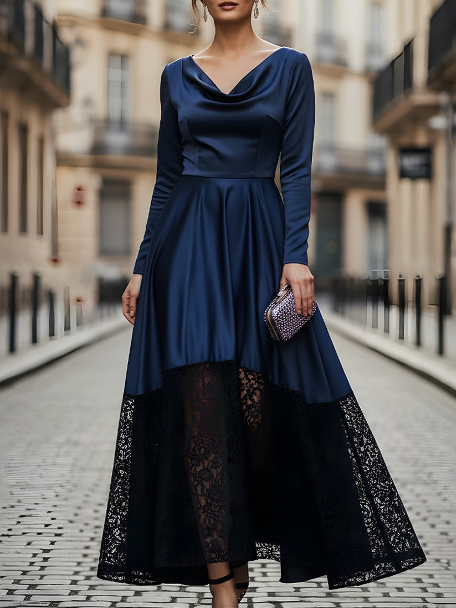 A-Line Lace Cowl Neck Hem High-Low Draped Satin Evening Dress