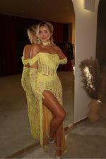Yellow Lace Strapless Sleeveless Long Split Mermaid Prom Dress With Long Gloves And Necklace