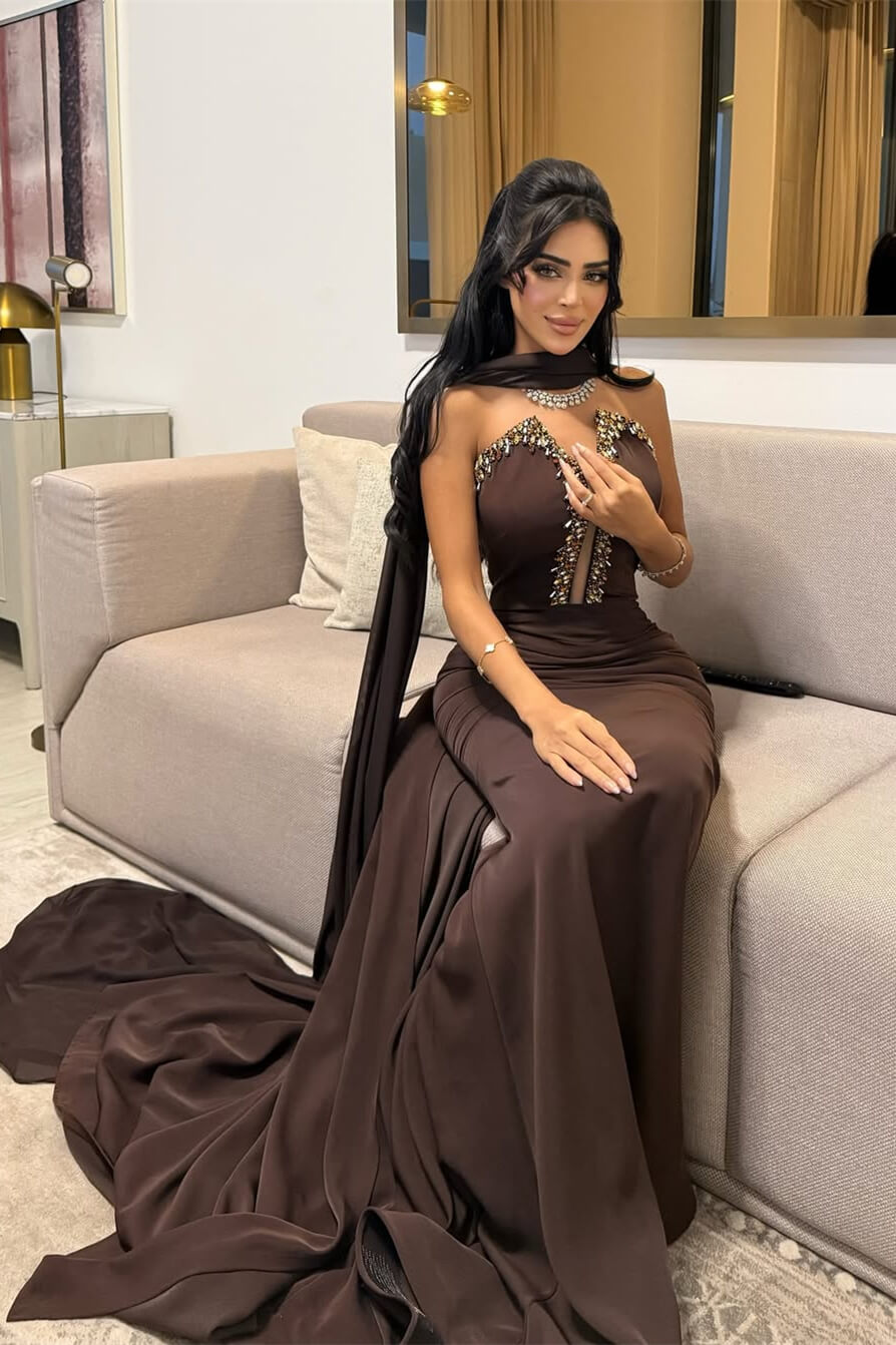 Dark Brown V-Neck Strapless Mermaid Prom Dress Long With Crystals