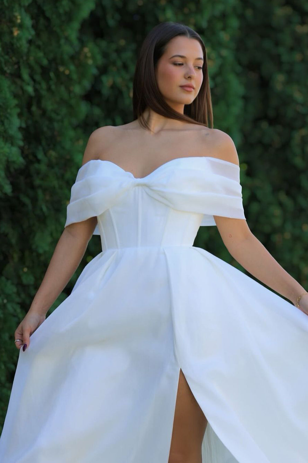 A Line Off the Shoulder Organza Satin Slit Wedding Dresses
