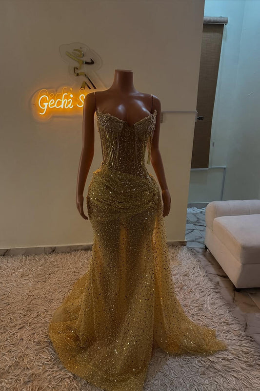 Gold Sweetheart Sleeveless Prom Dress Long With Sequins Crystals Tassels Online