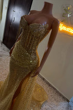 Gold Sweetheart Sleeveless Prom Dress Long With Sequins Crystals Tassels Online