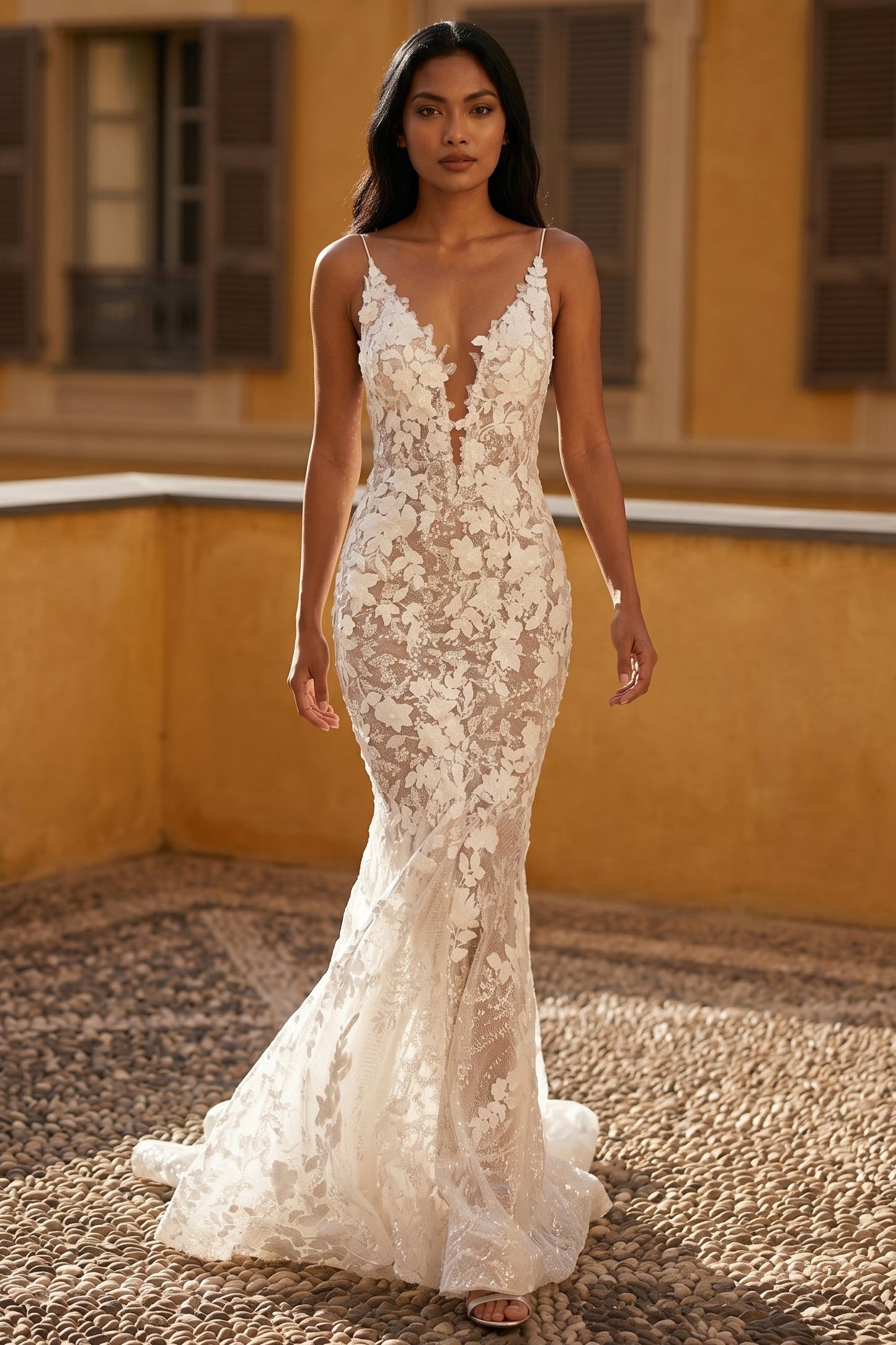 Spaghetti Straps V-Neck Sleeveless Backless Mermaid Wedding Dress