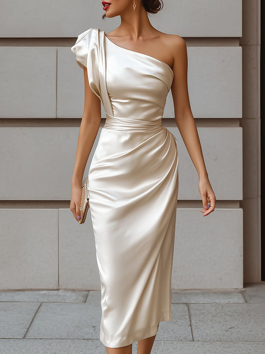 Elegant One-Shoulder Satin Midi Dress