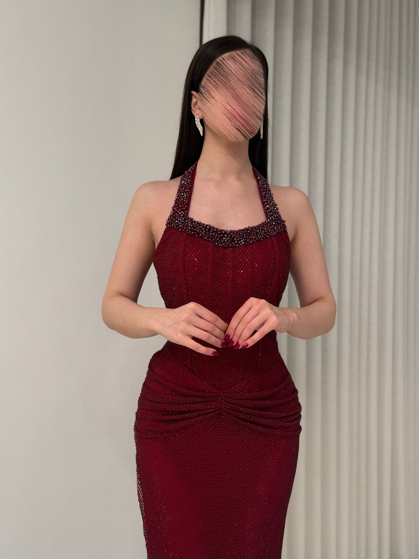 Sexy Red Halter Beaded Sequins Sparkle Sleeveless Mermaid Ankle-Length Evening Dress