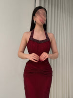 Sexy Red Halter Beaded Sequins Sparkle Sleeveless Mermaid Ankle-Length Evening Dress