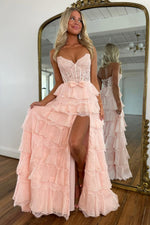 Princess A-Line Strapless Pink Ruffle Tiered Corset Long Prom Dresses with Slit