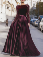 Velvet Sequin Sleeve Gown With Satin Skirt