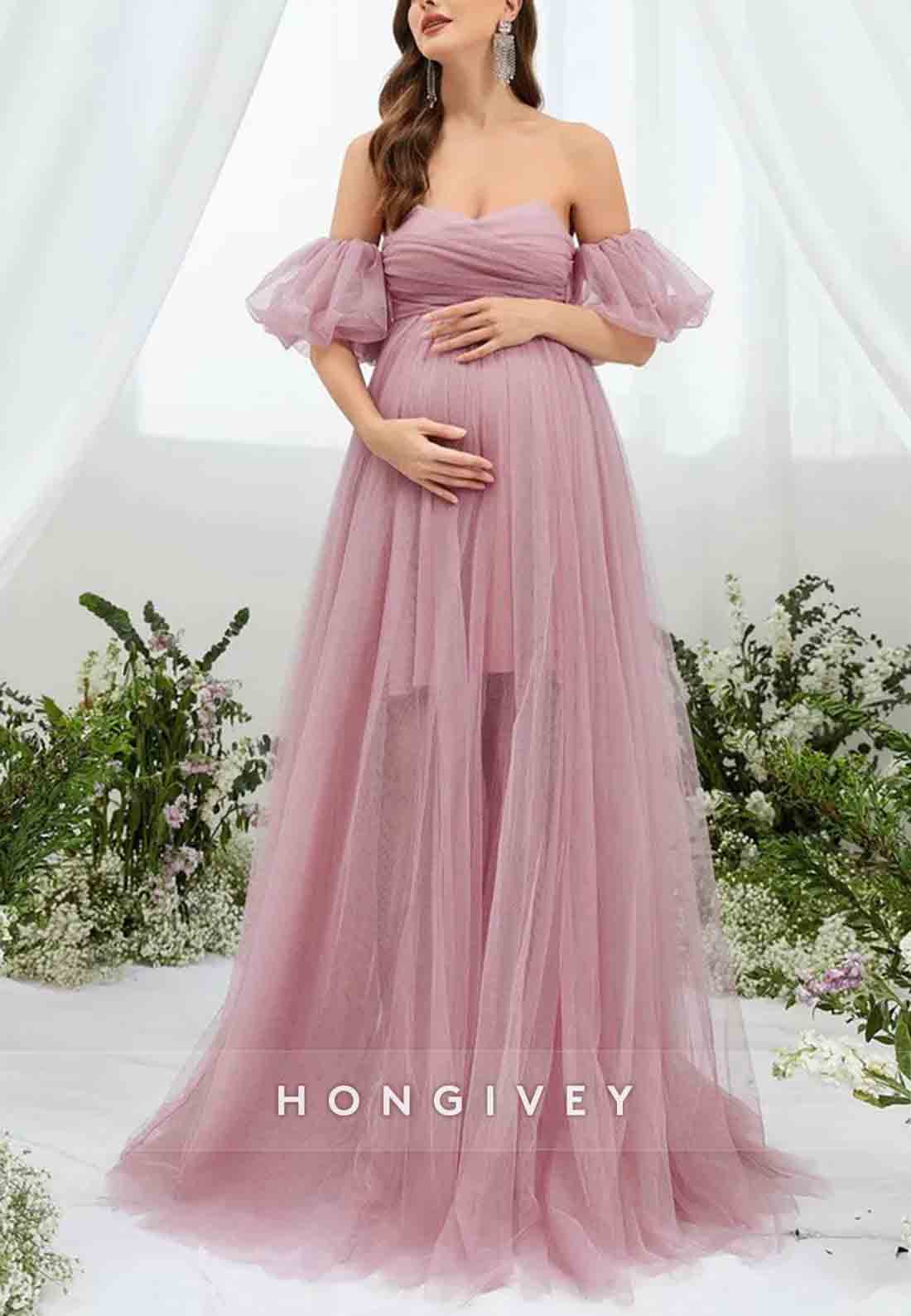 Maternity Sweetheart Off the Shoulder Puff Sleeve Mesh Overlay Wedding Dress