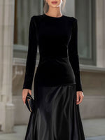 Black Satin Long-Sleeve A-Line Evening Gown