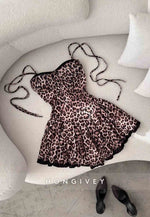Leopard Print Pleated A-Line Empire Homecoming Dress with Bow Straps