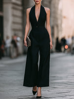 Halter Deep V Wide-Leg Jumpsuit