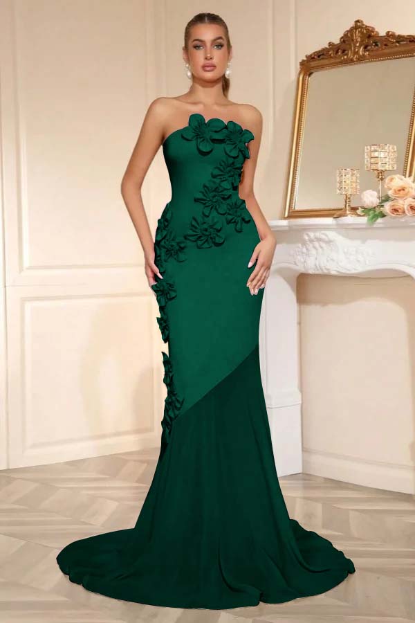 Candy Pink Strapless Sleeveless Long Mermaid Prom Dress With Flower Appliqués